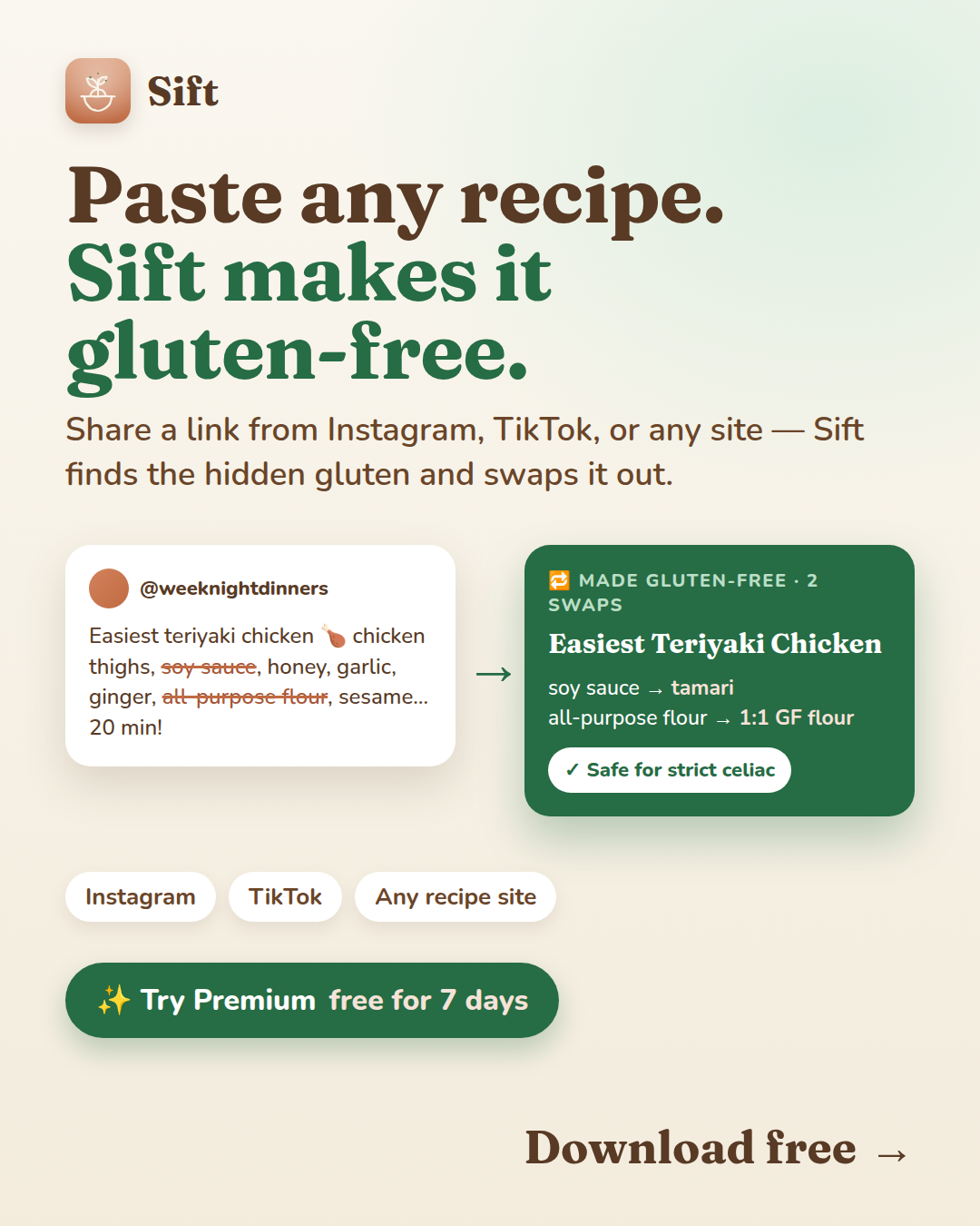 Sift turning a recipe link into a gluten-free version with swaps